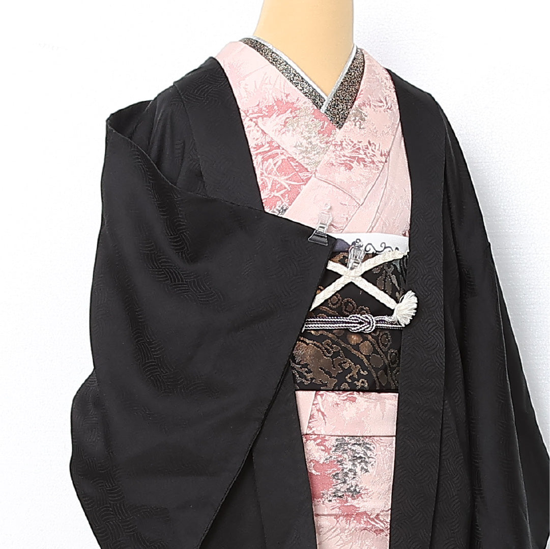 黒羽織 袷 身丈80cm 裄丈63cm 正絹 Sランク 一つ紋 (五三桐) セミフォーマル Sサイズ 紐あり 創作柄 黒系 RP 1233-12747
