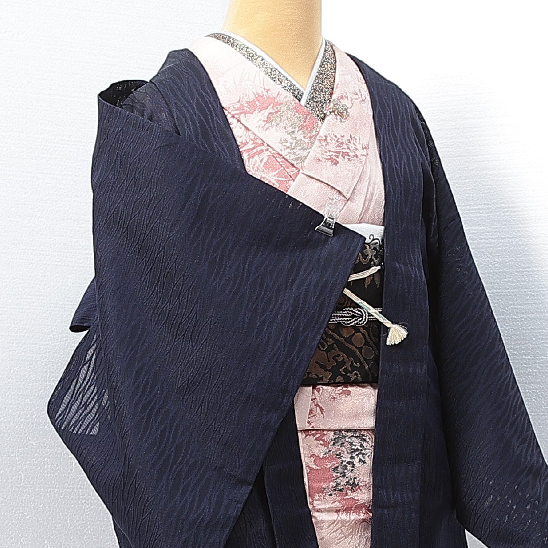 羽織 夏物 紗 身丈76cm 裄丈62cm 正絹 Sランク Sサイズ カジュアル 紐あり 織り出し 創作柄 紺系 1217-14648