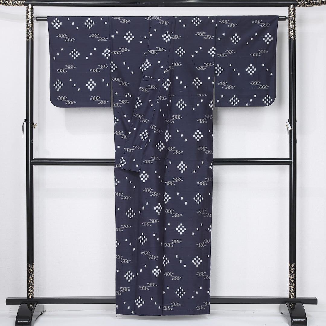 紬 単衣 身丈159cm 裄丈65cm 正絹 Sランク カジュアル 広衿 Mサイズ 絣 紺系 RP 1223-12197
