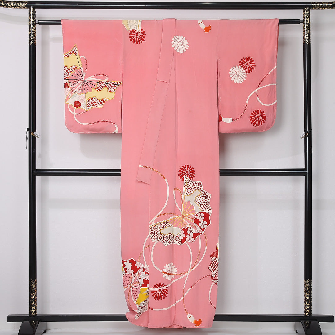 アンティーク 訪問着 袷 身丈158cm 裄丈61cm 正絹 Aランク 一つ紋 (蔦柏) バチ衿 Mサイズ 扇 ピンク系 M4 1217-12410