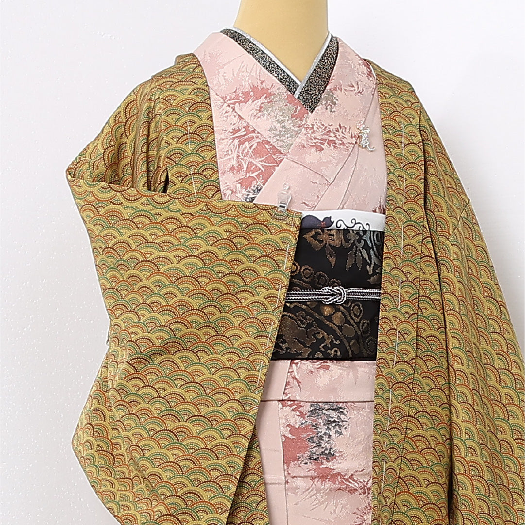 羽織 袷 身丈80cm 裄丈63cm 正絹 Sランク カジュアル Sサイズ 青海波 茶系 RP 1232-12726
