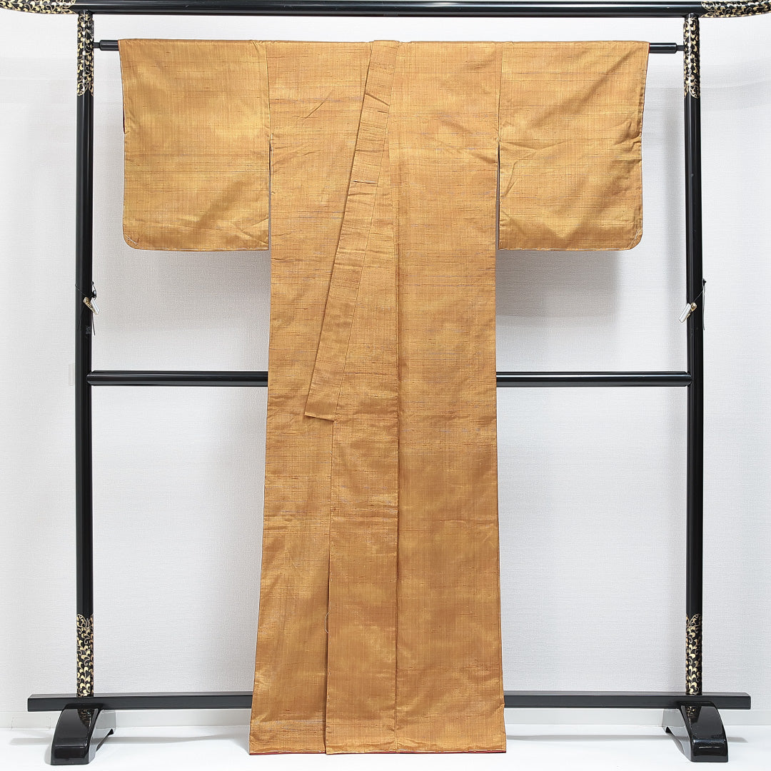 紬 袷 身丈161cm 裄丈63cm 正絹 Sランク カジュアル バチ衿 Lサイズ 無地 黄系 RP 1223-14877