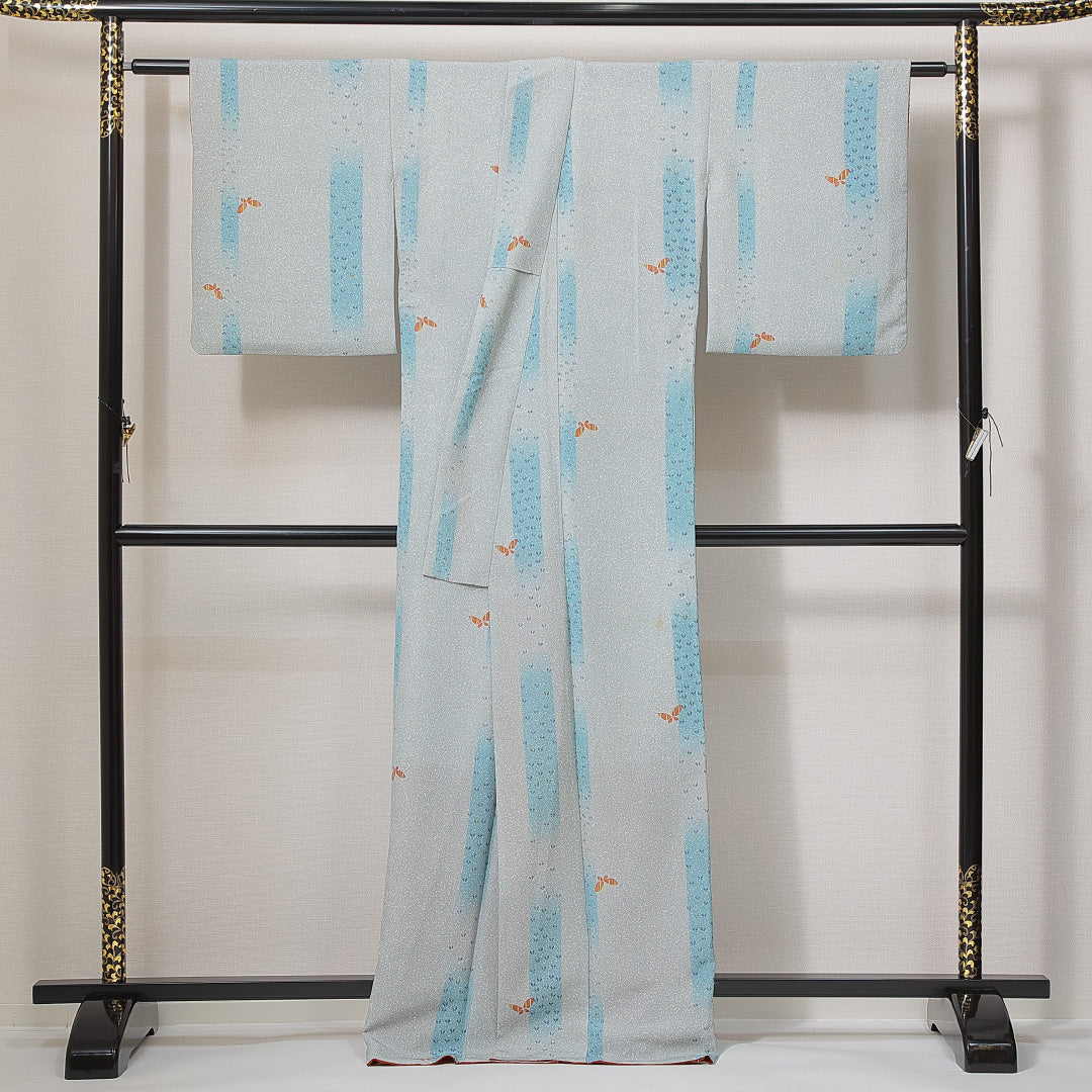 洗える着物 小紋 袷 身丈166cm 裄丈61cm ポリエステル Bランク インフォーマル 広衿 XLサイズ 蝶 グレー系 RP 1221-14919