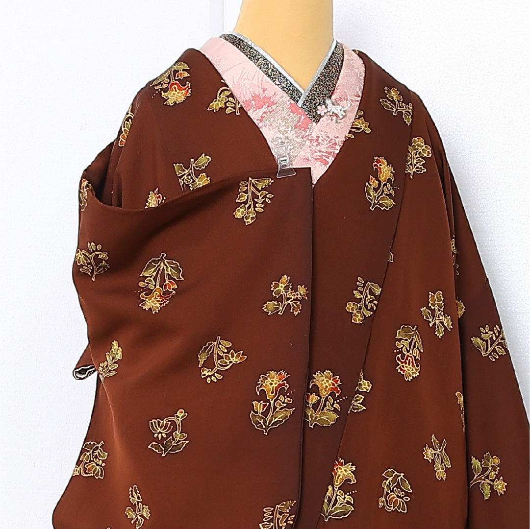 道中着 袷 身丈85cm 裄丈65cm 正絹 Bランク カジュアル Mサイズ 花柄 茶系 RP 1236-12907