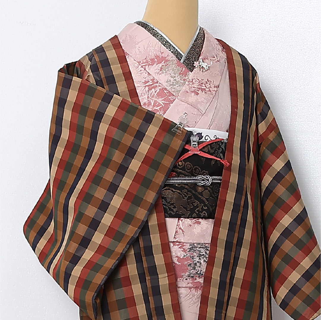 羽織 袷 身丈76cm 裄丈63cm 正絹 Cランク カジュアル Sサイズ 紐あり 格子 多色系 HP 1232-12829
