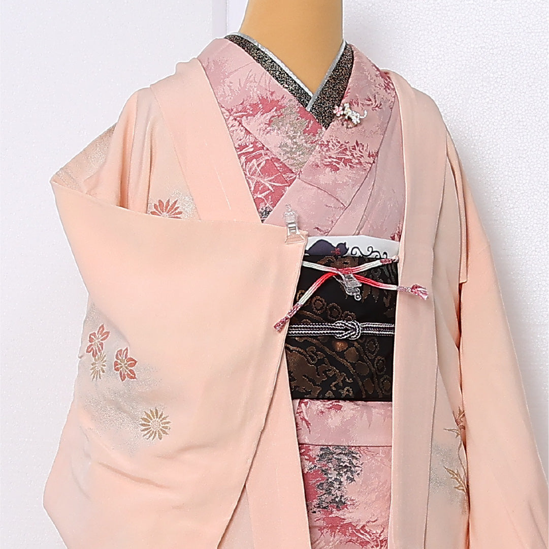 絵羽羽織 袷 身丈93cm 裄丈63cm 正絹 Cランク インフォーマル Sサイズ 紐あり 撫子 菊 ピンク系 LP 1234-12903