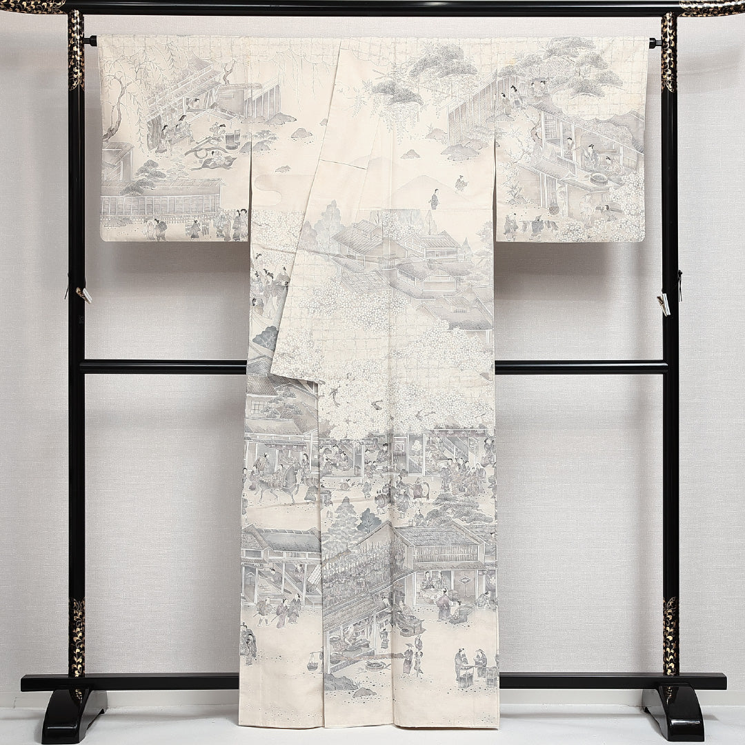 訪問着 (結城紬) 袷 身丈161cm 裄丈69cm 正絹 Cランク カジュアル 広衿 Lサイズ 京風俗絵巻 金彩 証紙 京洛百景 白系 UR 1217-14008