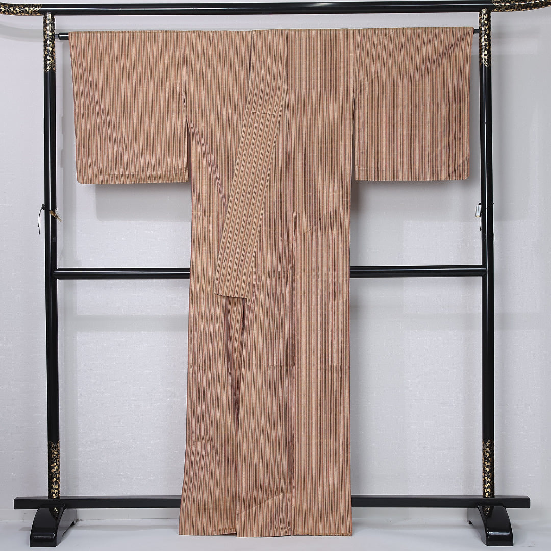 紬 単衣 身丈163cm 裄丈67cm 正絹 Sランク カジュアル 広衿 Lサイズ 縞 茶系 RP 1223-12267