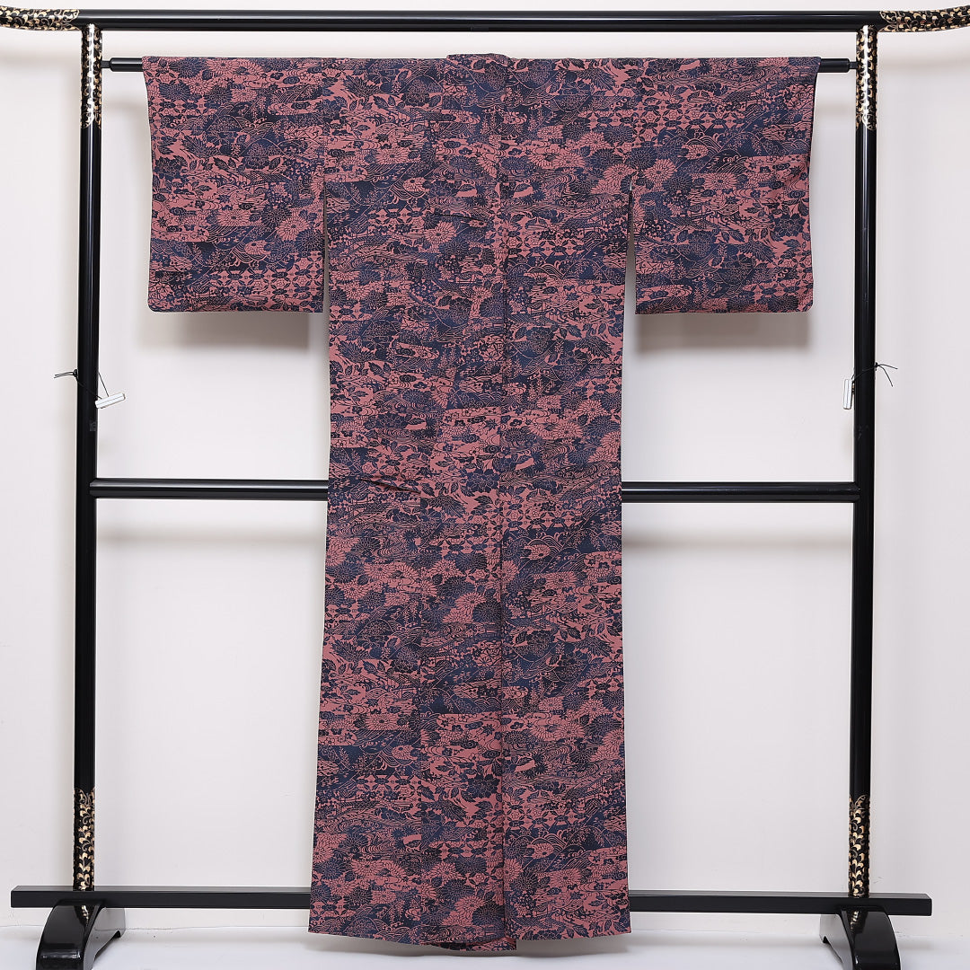小紋 単衣 身丈160cm 裄65cm 正絹 阿波愛 藍染 作家物 紺系 ピンク系 落款 Aランク 1215-02429