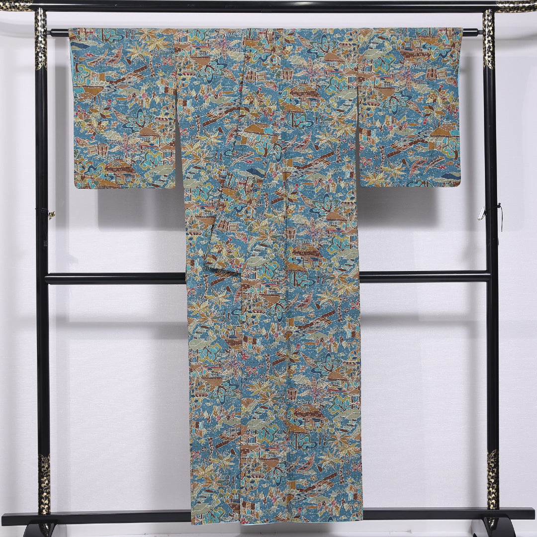 小紋 袷 身丈153cm 裄丈64cm 正絹 Aランク インフォーマル 広衿 Sサイズ たたき染め 茶屋辻 青系 HP 1221-11868
