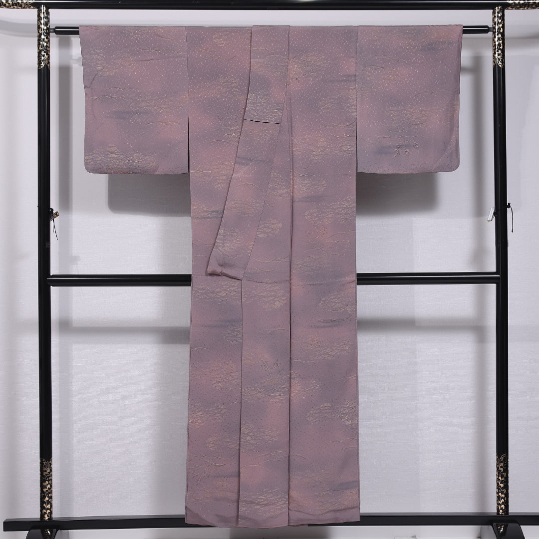 小紋 袷 身丈152cm 裄丈62cm 正絹 Aランク インフォーマル 広衿 Sサイズ ぼかし染 芝草 ピンク系 RP 1221-11878