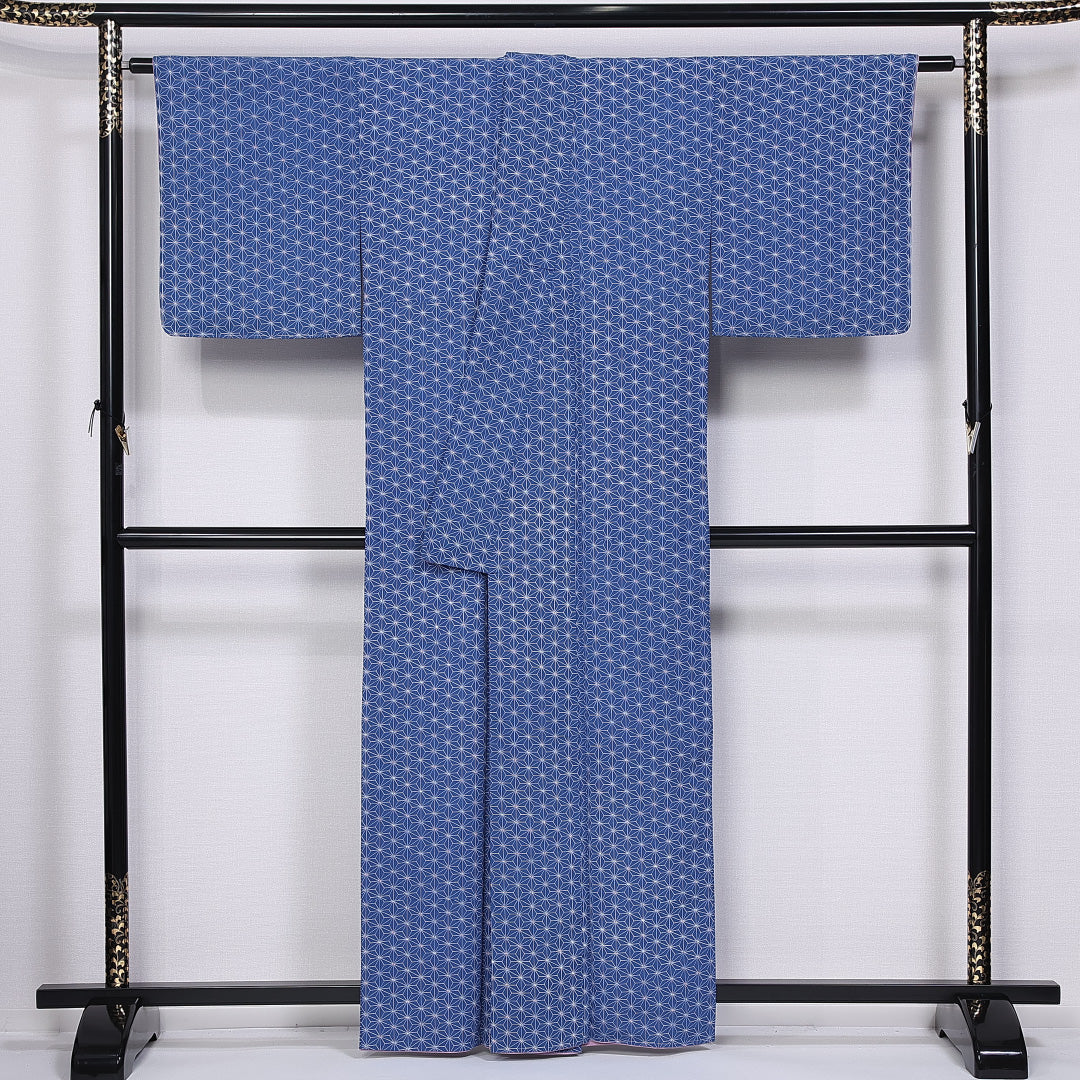 洗える着物 小紋 袷 身丈160cm 裄丈63cm ポリエステル Sランク インフォーマル 広衿 Lサイズ 麻の葉 青系 RP 1221-11260