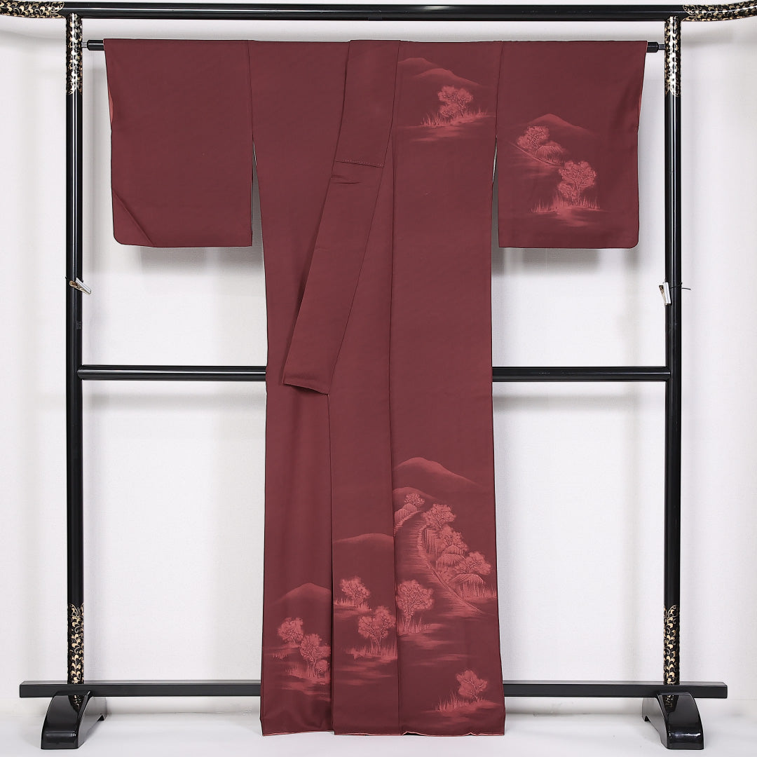 付下げ 袷 身丈162cm 裄丈66cm 正絹 Bランク インフォーマル 広衿 Lサイズ ぼかし染 風景柄 赤系 RP 1218-04798