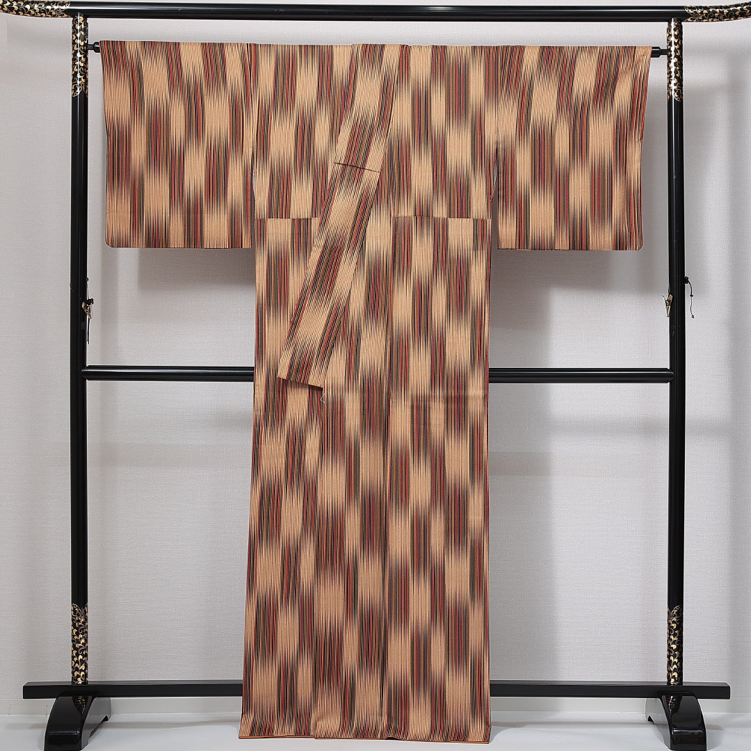 小紋 洗える着物 袷 身丈164cm 裄丈65cm ポリエステル Sランク Lサイズ 広衿 インフォーマル 抽象柄 茶系 1215-15005