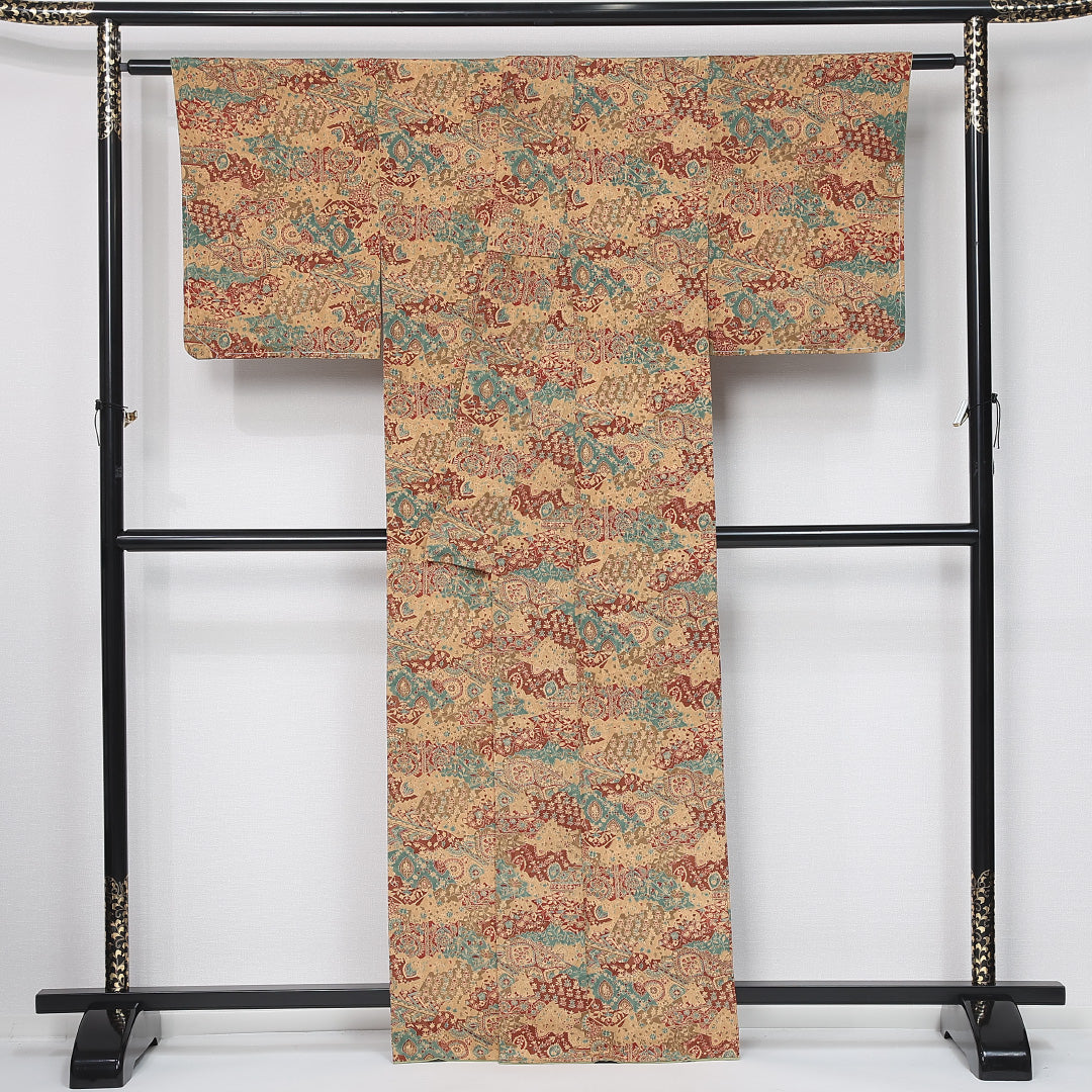 小紋 袷 身丈163cm 裄丈62cm 正絹 Sランク インフォーマル 広衿 Lサイズ ペイズリー 茶系 RP 1221-12058