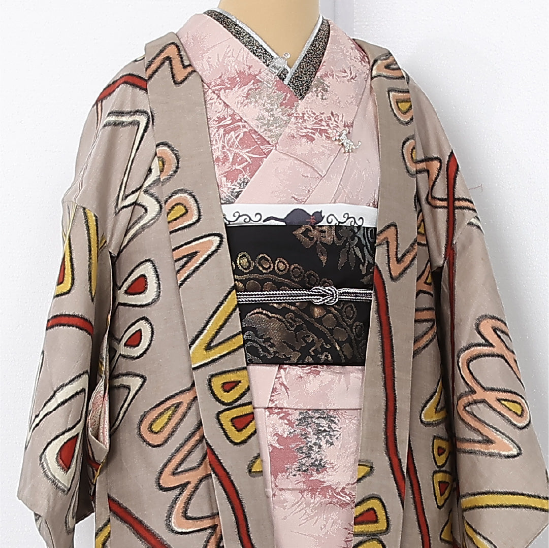 アンティーク 羽織 (銘仙) 袷 身丈83cm 裄丈64cm 正絹 Cランク Mサイズ 創作柄 グレー系 M4 1232-12540