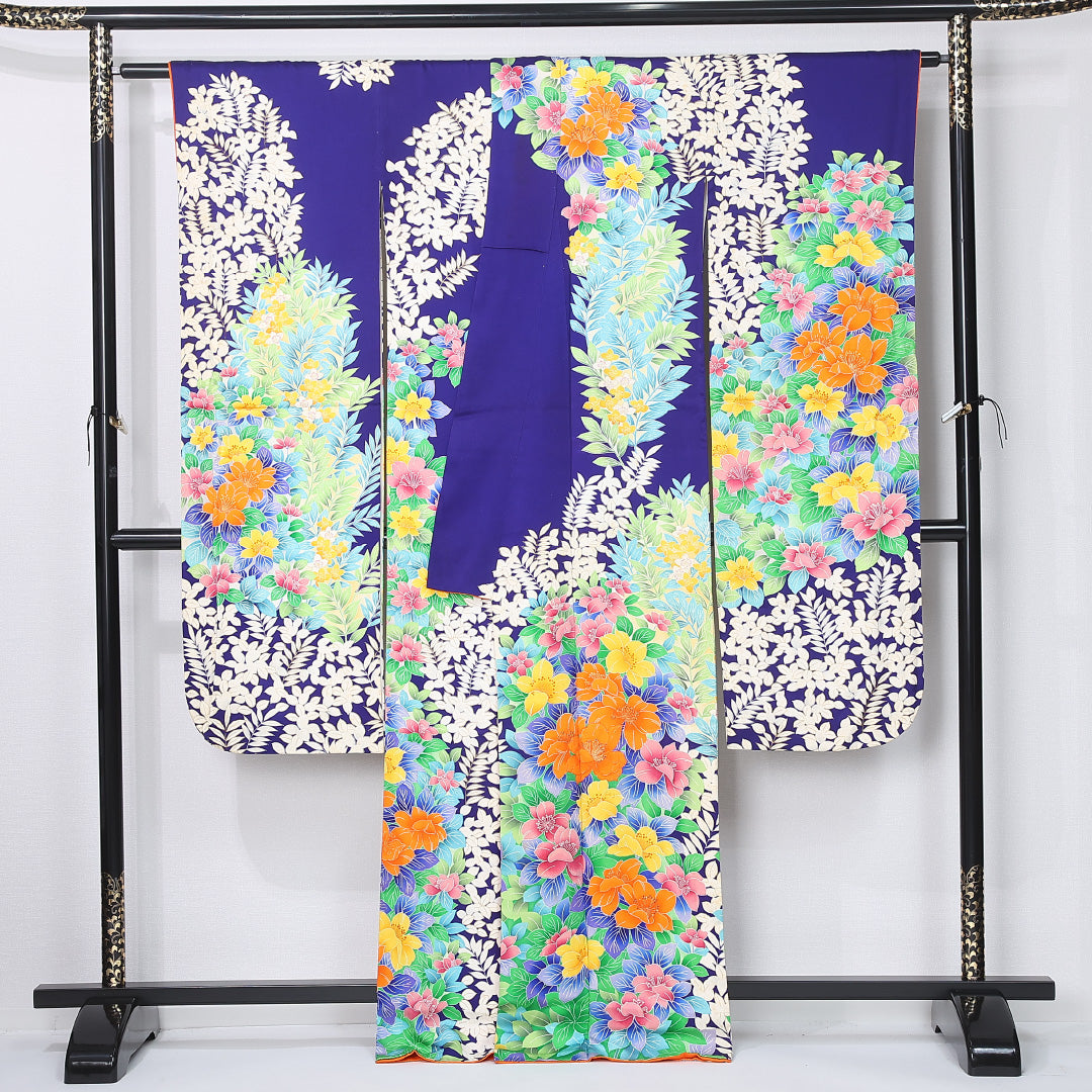振袖 身丈166cm 裄丈67.5cm Cランク 袷 正絹 XS 広衿 モダン 花柄 ボタニカル 青系 1213-F0447