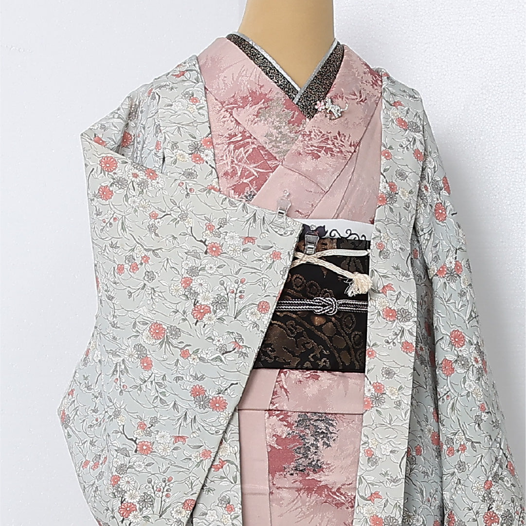 羽織 袷 身丈77cm 裄丈61cm 正絹 Cランク カジュアル Sサイズ 紐あり 四季草花 グレー系 HP 1232-12950