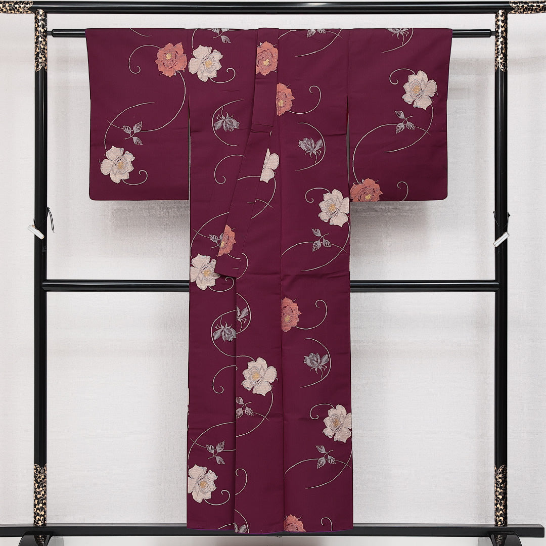 アンティーク お召 袷 身丈151cm 裄丈60cm 正絹 Aランク バチ衿 Sサイズ 薔薇 紫系 RP 1222-14234
