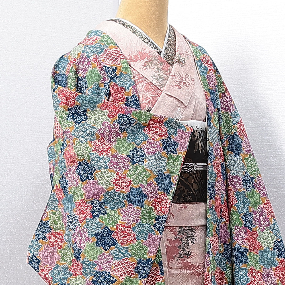 羽織 袷 身丈81cm 裄丈64cm 正絹 Sランク カジュアル Mサイズ 楓 紅葉 多色系 RP 1232-14650