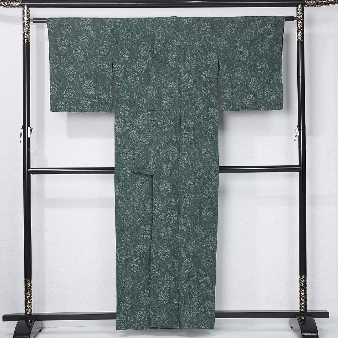 紬 単衣 身丈158cm 裄丈63cm 正絹 Aランク カジュアル 広衿 Mサイズ 創作柄 緑系 RP 1223-12204