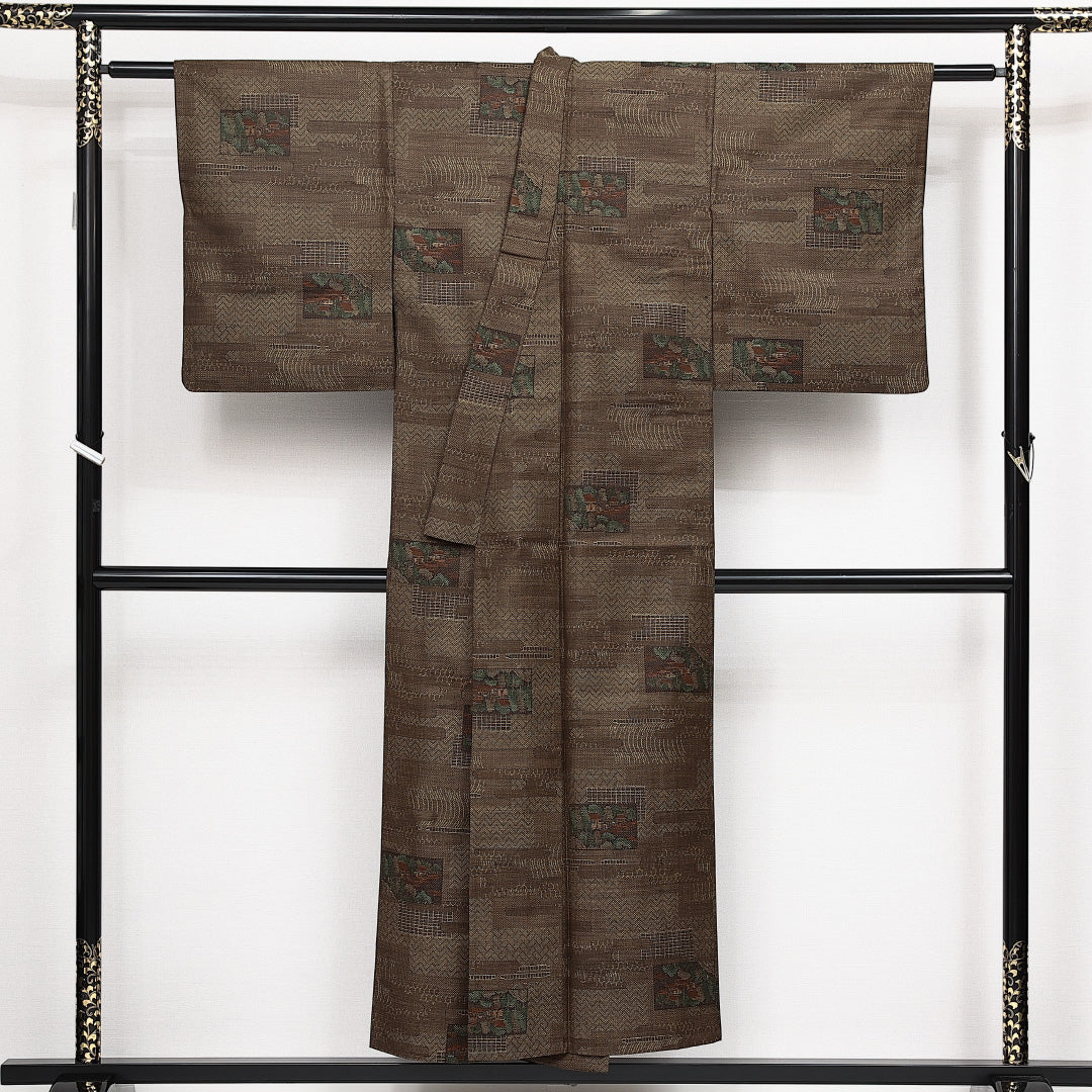 洗える着物 ウールの紬 単衣 身丈148cm 裄丈63cm ウール Sランク カジュアル バチ衿 XSサイズ 茶屋辻 茶系 RP 1223-14126