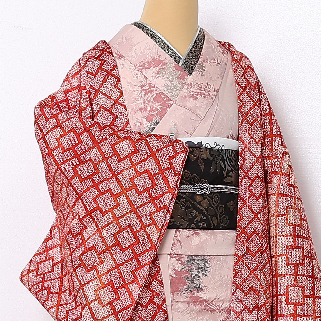 羽織 袷 身丈80cm 裄丈64cm 正絹 Sランク カジュアル Mサイズ 幾何学柄 赤系 RP 1232-12760