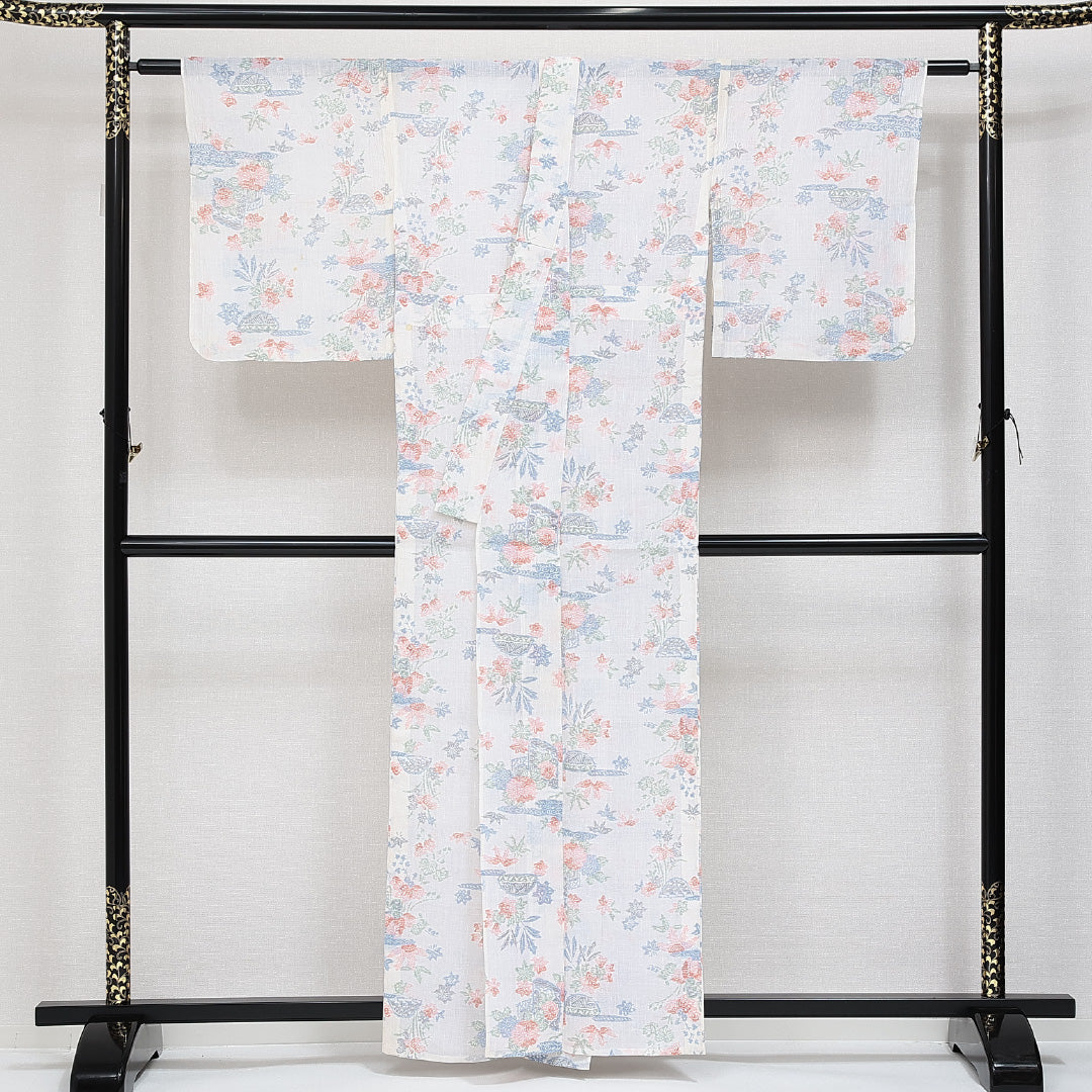 麻の紬 夏物 洗える着物 夏物 身丈159cm 裄丈65cm 麻 Bランク Mサイズ バチ衿 カジュアル 菊 紅葉 白系 1216-14591