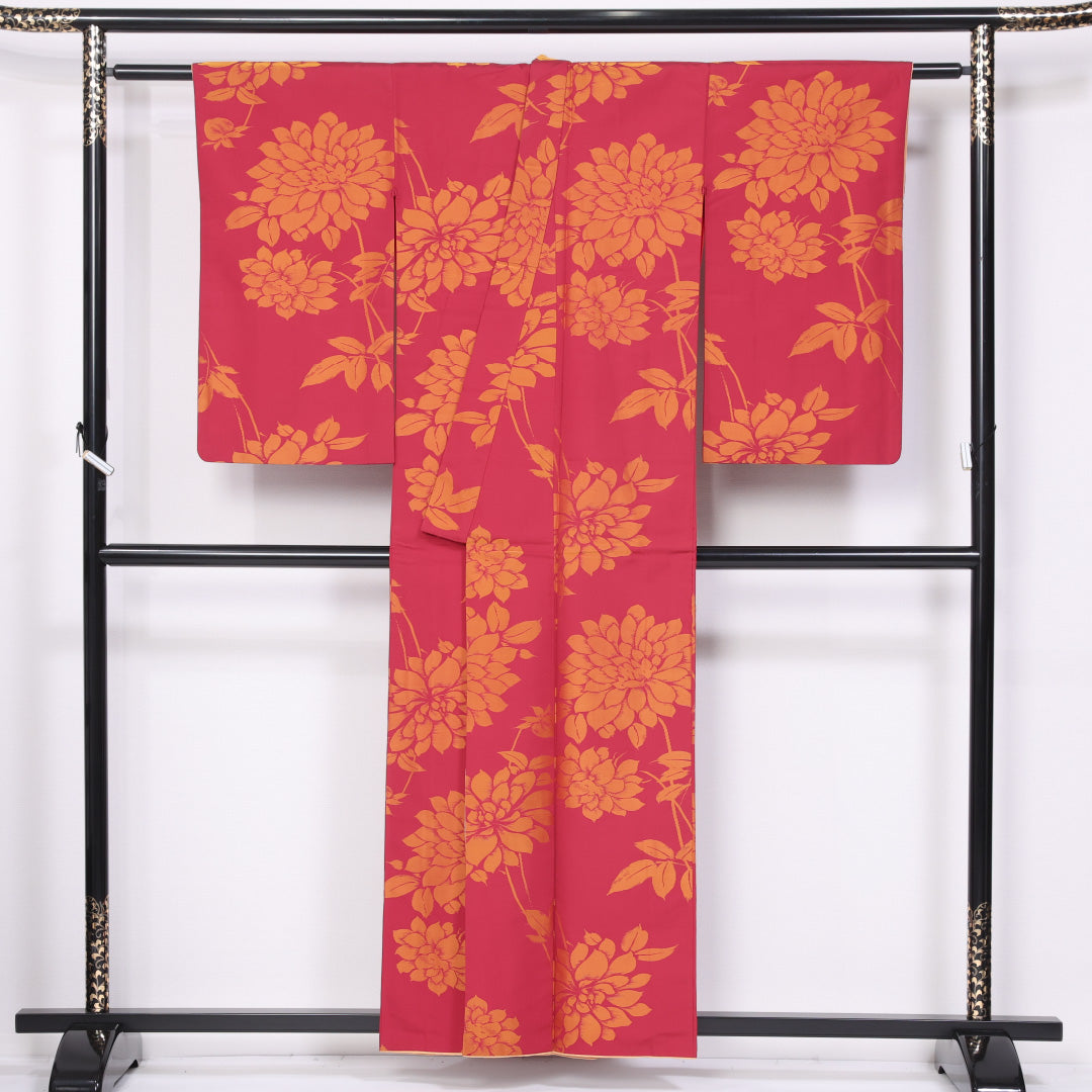 アンティーク お召 袷 身丈155cm 裄丈62cm 正絹 Aランク 広衿 Mサイズ 菊 赤系 M4 1222-11496