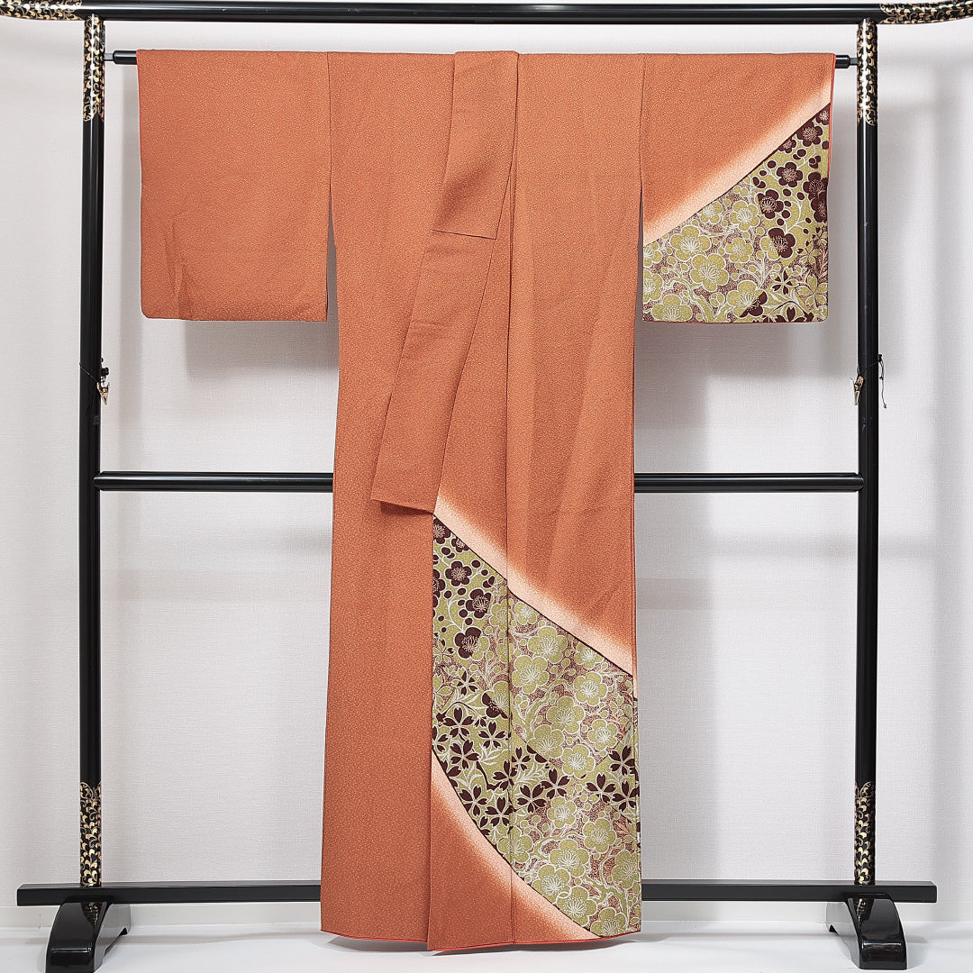 訪問着 洗える着物 袷 身丈159cm 裄丈65cm ポリエステル Sランク Mサイズ 広衿 セミフォーマル 梅 桜 茶系 1212-14980