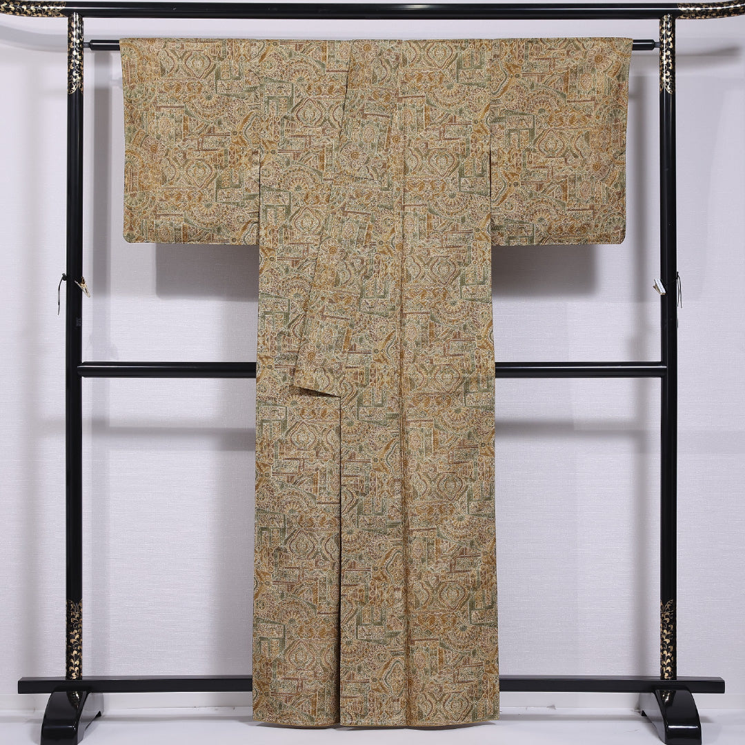 大島紬 袷 身丈161cm 裄丈62cm 正絹 Aランク インフォーマル 広衿 Lサイズ 経緯絣 創作柄 黄系 RP 1223-11826
