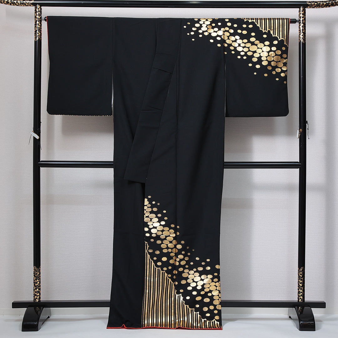 訪問着 洗える着物 胴抜き 身丈166cm 裄丈66cm ポリエステル Aランク XLサイズ 広衿 セミフォーマル 創作柄 黒系 1212-14991