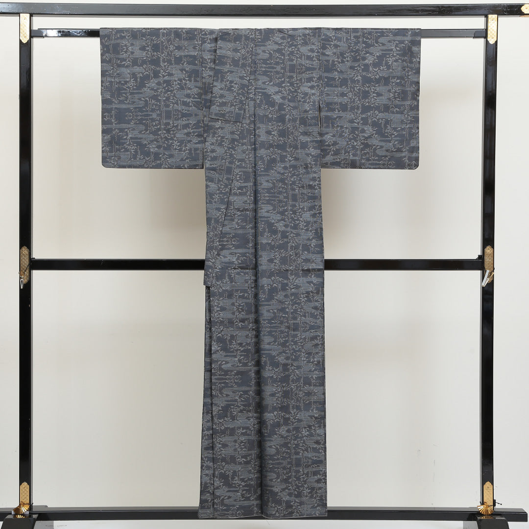 大島紬 袷 身丈152cm 裄62.5cm 正絹 グレー系 Bランク 1216003574222