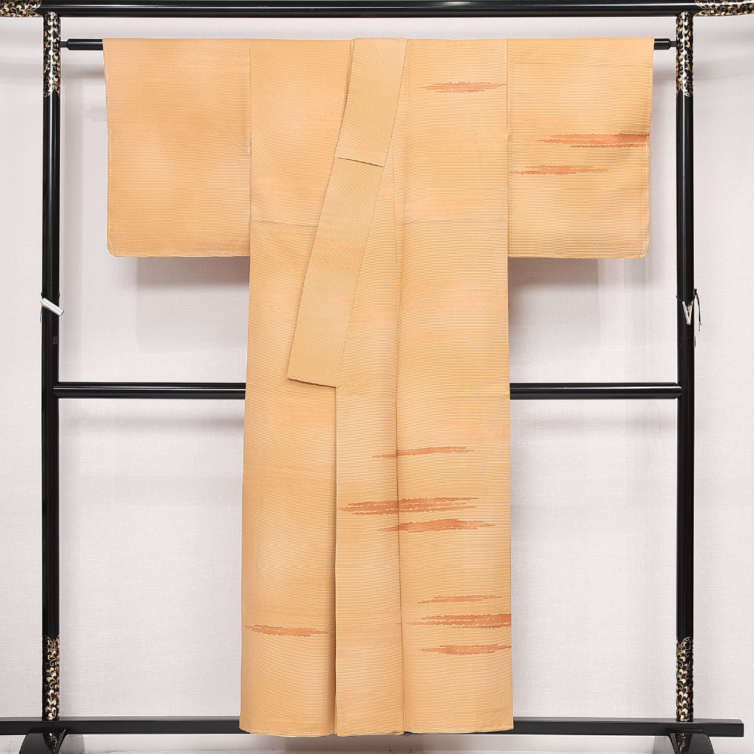 未使用品 付下げ 袷 身丈153cm 裄丈62cm 正絹 Sランク インフォーマル 広衿 Sサイズ しつけ糸 創作柄 朱系 RP 1218-13405