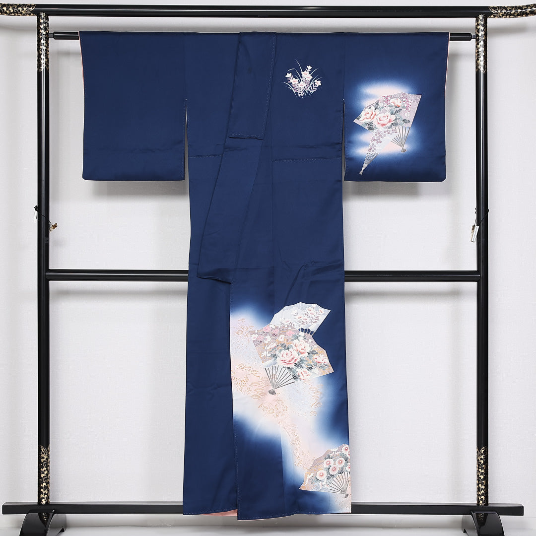 訪問着 袷 身丈154cm 裄65cm 正絹 牡丹 扇子 ぼかし Aランク 1212-00777
