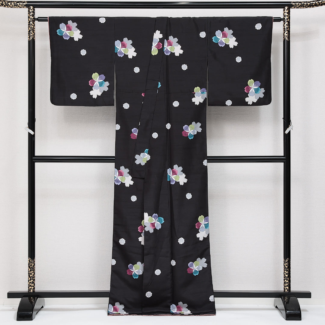 洗える着物 小紋 袷 身丈166cm 裄丈66cm ポリエステル Sランク インフォーマル バチ衿 XLサイズ 桜 黒系 RP 1221-14305
