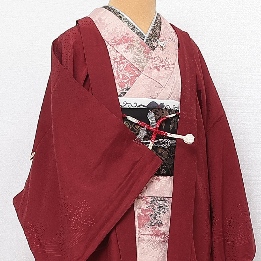 羽織 袷 身丈75cm 裄丈65cm 正絹 Sランク カジュアル Mサイズ 織り出し 紐あり 植物柄 赤系 RP 1232-13932