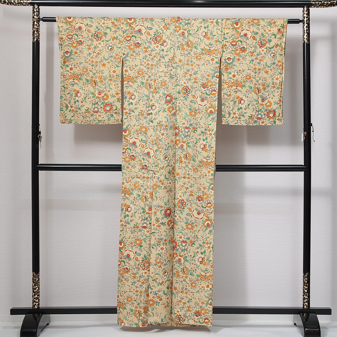 小紋 洗える着物 単衣 身丈158cm 裄丈65cm ポリエステル Cランク Mサイズ バチ衿 インフォーマル 花柄 ベージュ系 1215-15003