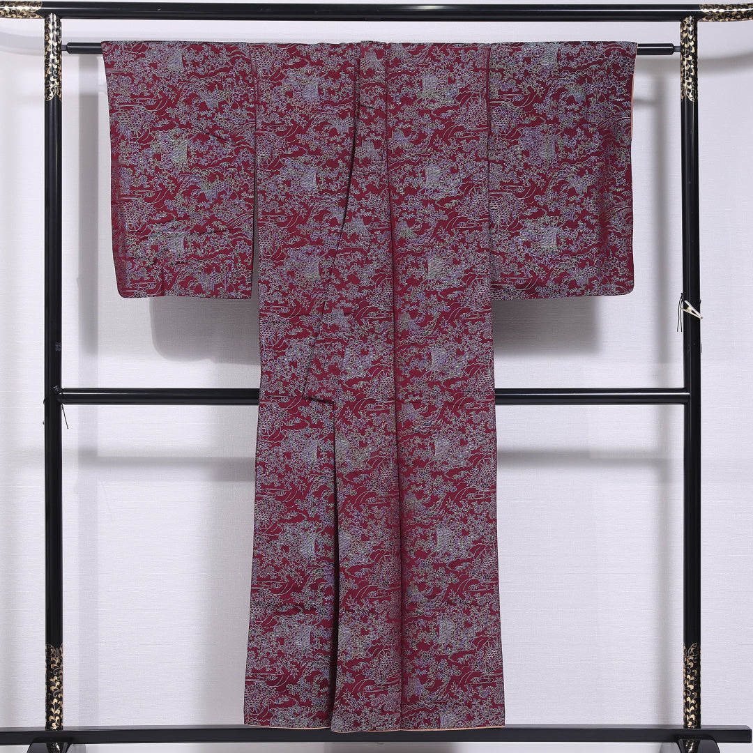 アンティーク お召 袷 身丈148cm 裄丈63cm 正絹 Bランク バチ衿 XSサイズ 御所車 花柄 笠松 紫系 M4 1222-11726