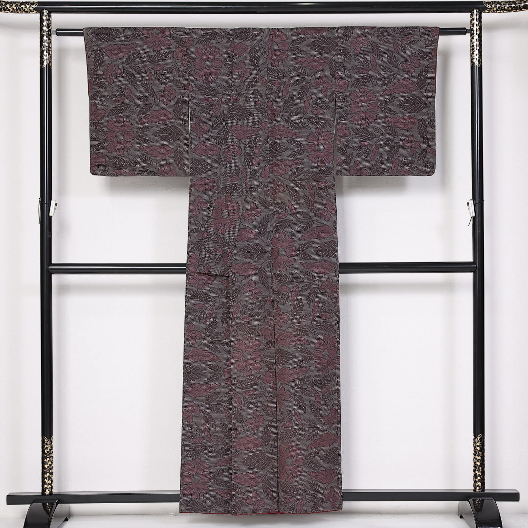 紬 袷 身丈156cm 裄63.5cm 正絹 花柄 紫系 Aランク 1216-01389