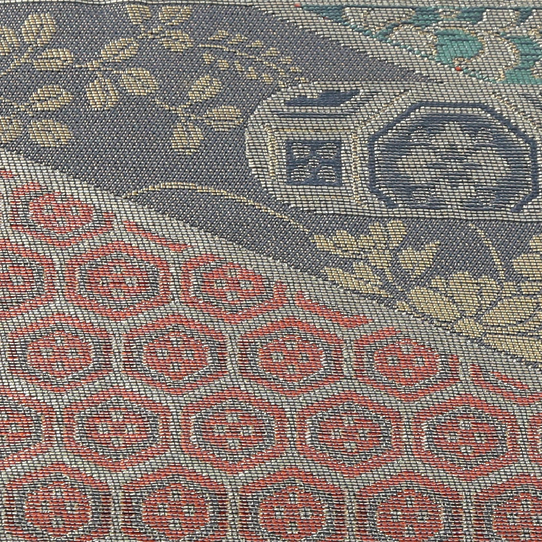 袋帯 帯丈424cm 正絹 六通 帯芯なし フォーマル 松皮菱 吉祥文様 青系 1243-02242