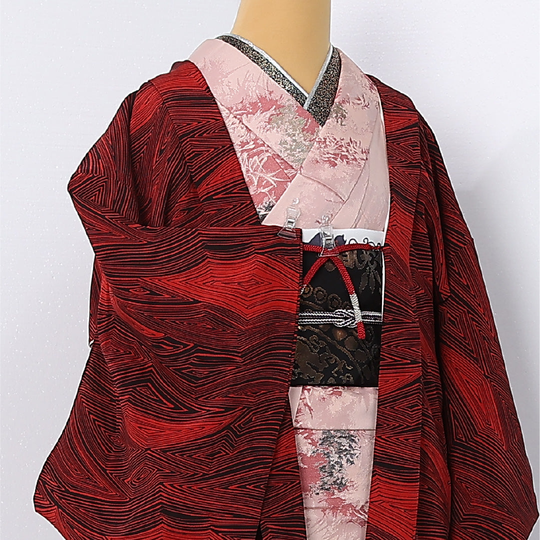 羽織 袷 身丈82cm 裄丈64cm 正絹 Sランク カジュアル Mサイズ 紐あり 創作柄 赤系 M4 1232-12616