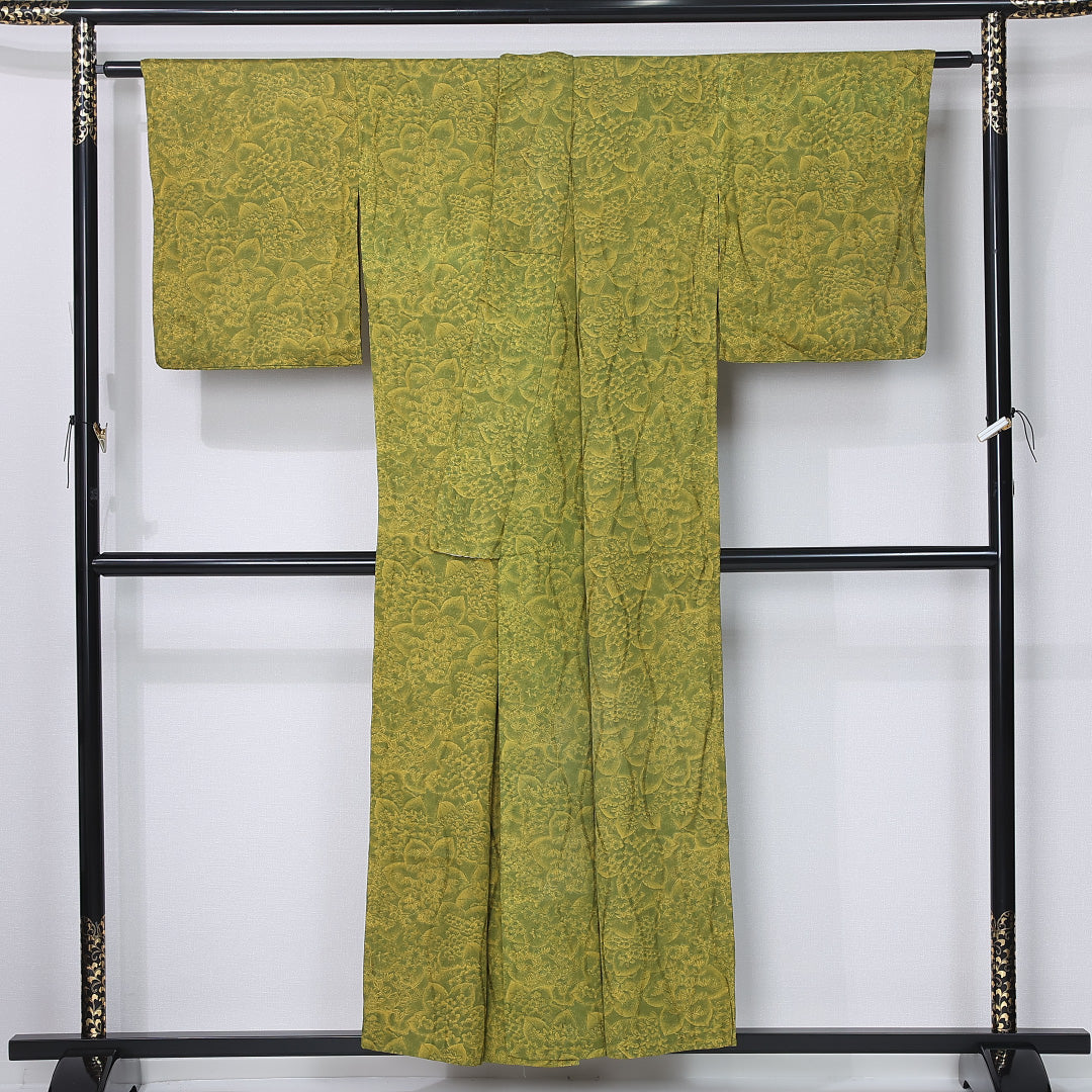 小紋 紬 身丈151cm 裄丈64cm Sランク S 正絹 単衣 広衿 染紬 ぼかし カジュアル 緑系 1215-12308