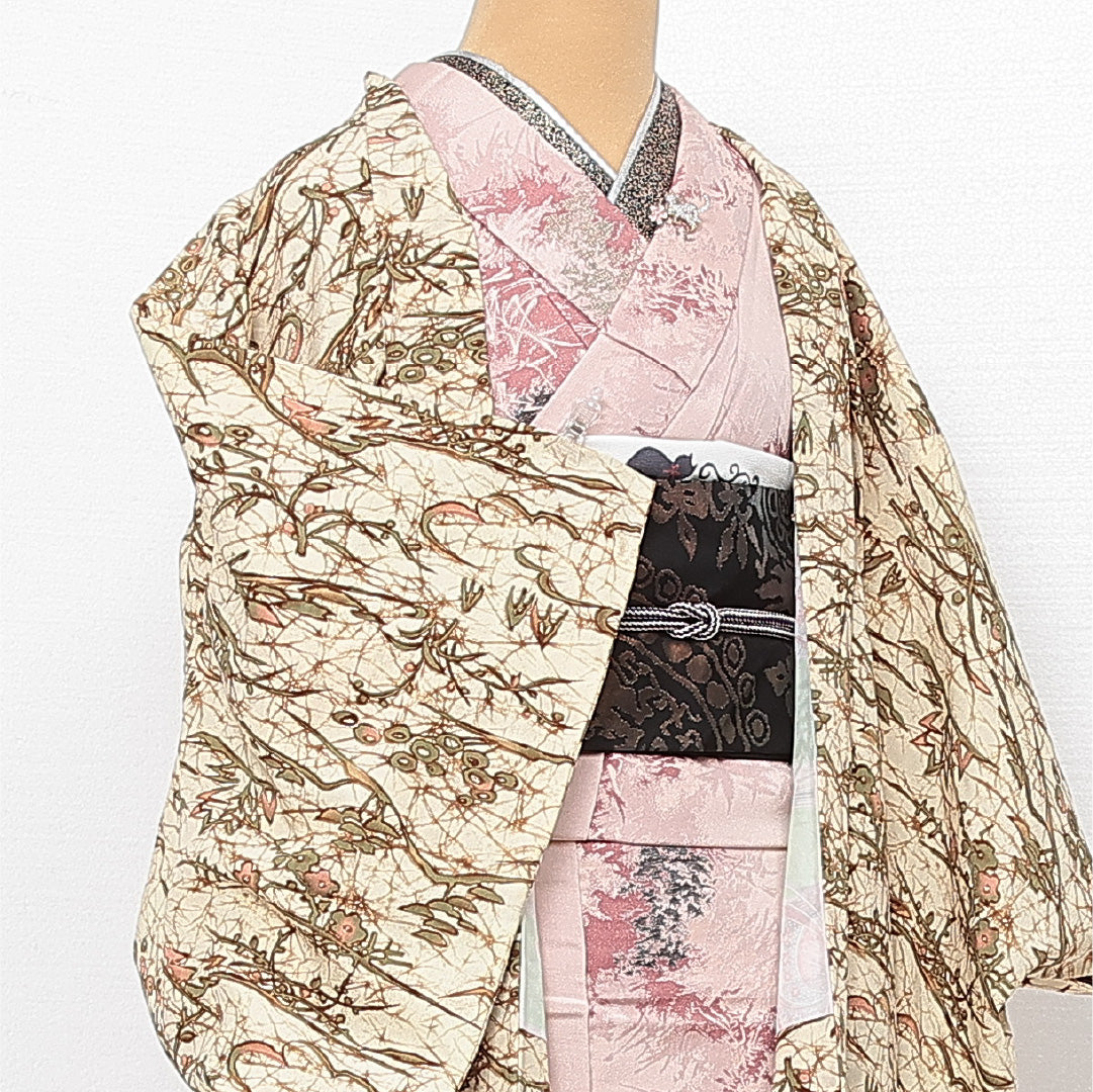 羽織 袷 身丈80cm 裄丈62cm 正絹 Sランク カジュアル Sサイズ 植物柄 クリーム系 RP 1232-13700