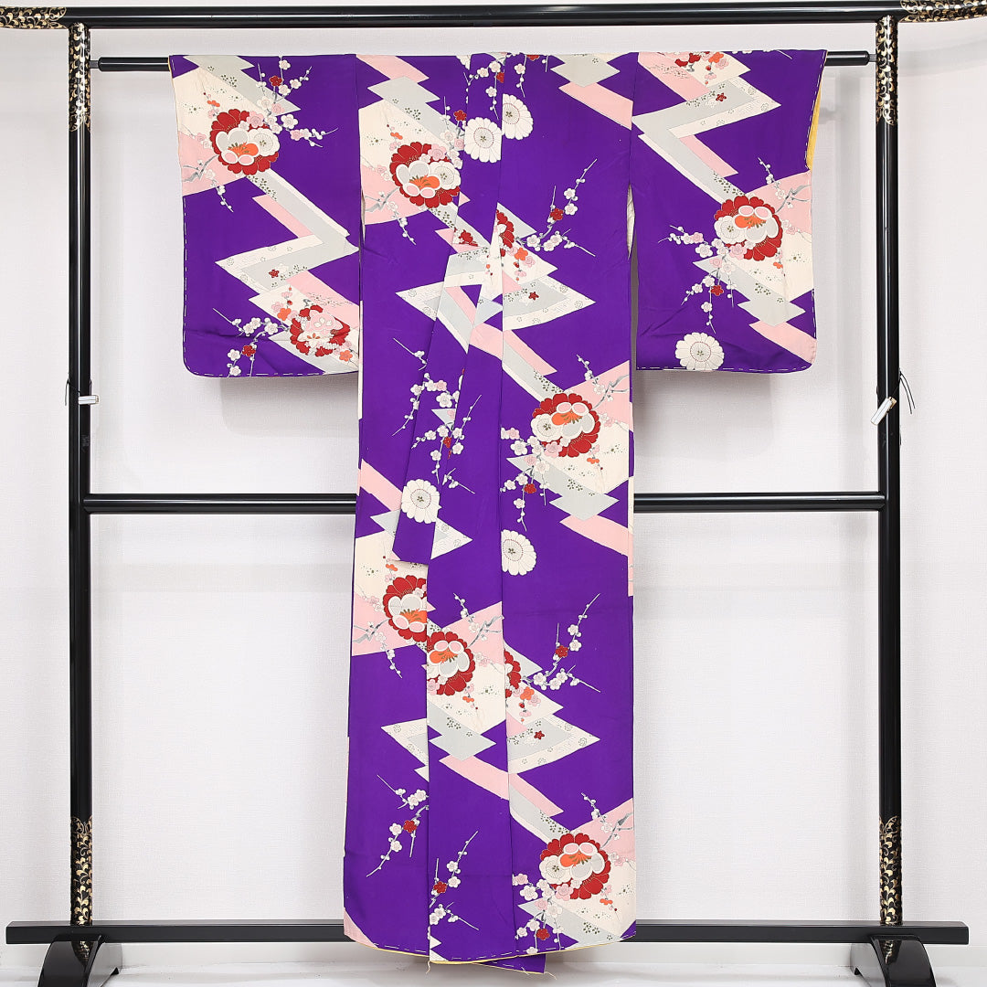アンティーク 小紋 袷 身丈148cm 裄丈61cm 正絹 Aランク バチ衿 XSサイズ 吉祥文様 紫系 RP 1221-13224