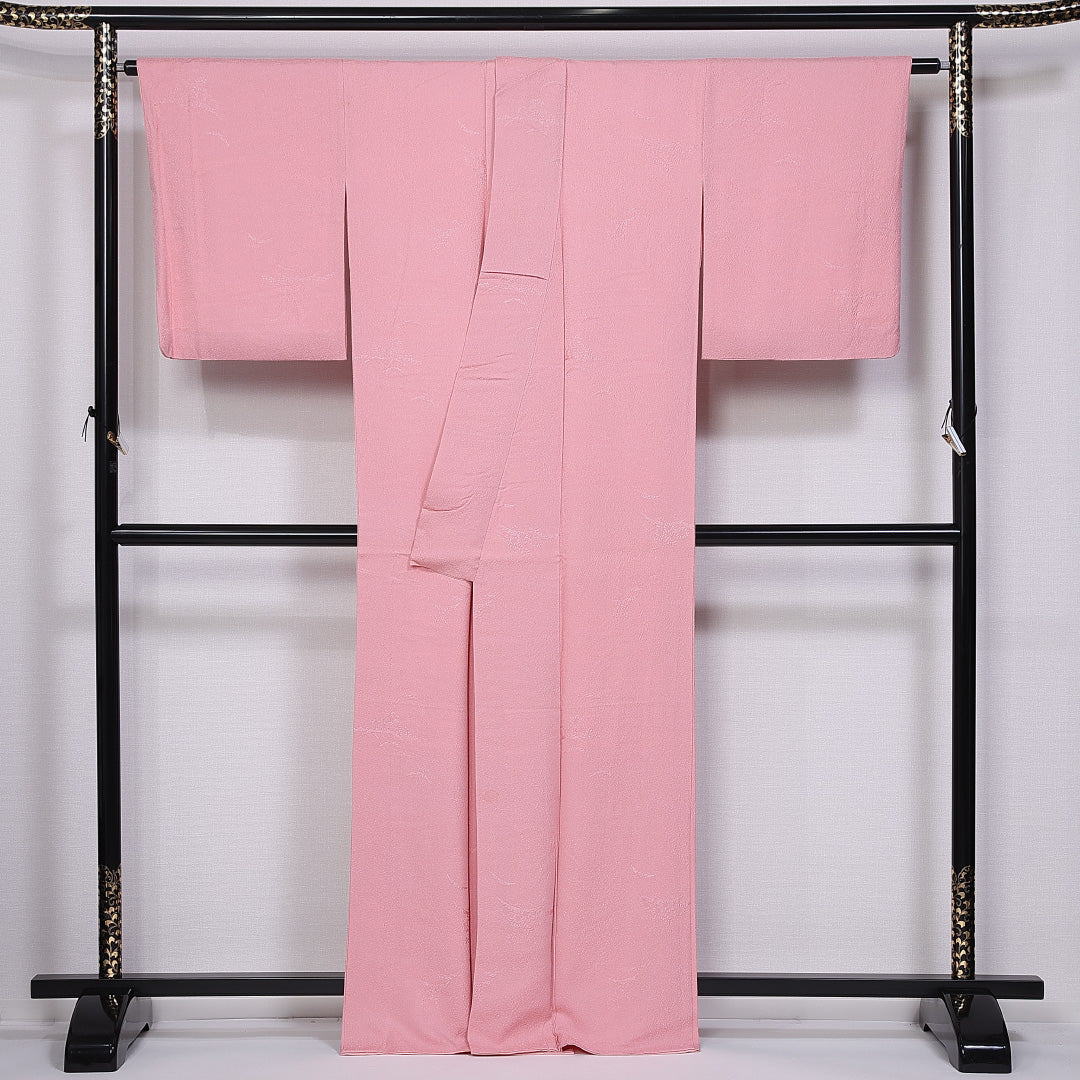 色無地 袷 身丈164cm 裄丈65cm 正絹 Bランク 一つ紋 (五三桐) セミフォーマル 広衿 Lサイズ 織り出し 芝草 菊 ピンク系 RP 1219-11378
