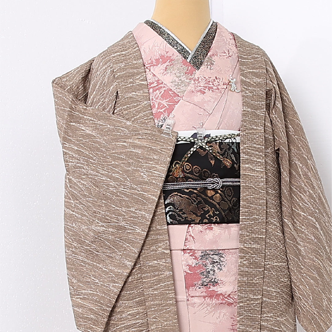 羽織 袷 身丈75cm 裄丈61cm 正絹 Sランク カジュアル Sサイズ 紐あり 芝草 茶系 RP 1232-12719