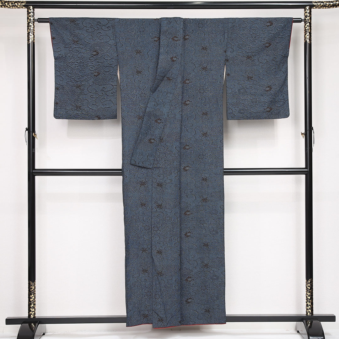 紬 袷 身丈156cm 裄丈65cm 正絹 Sランク カジュアル 広衿 Mサイズ 唐草 花菱 紅葉 紺系 RP 1223-13163