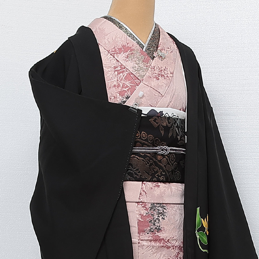 黒羽織 袷 身丈74cm 裄丈62cm 正絹 Sランク インフォーマル Sサイズ 花柄 黒系 RP 1233-13825