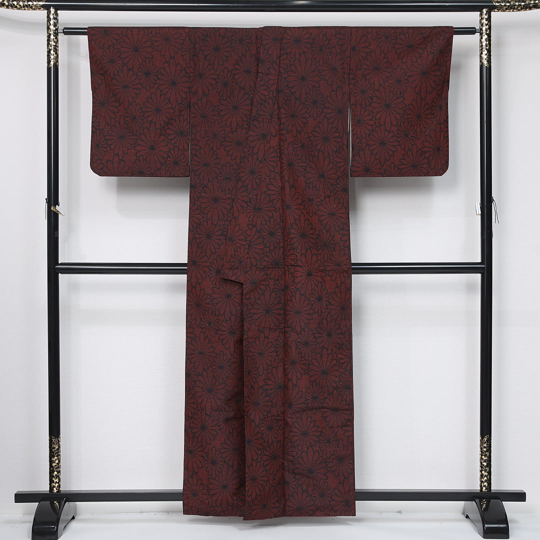 紬 袷 身丈158cm 裄丈63cm 正絹 Sランク カジュアル バチ衿 Mサイズ 花柄 菊菱 赤系 RP 1223-11979